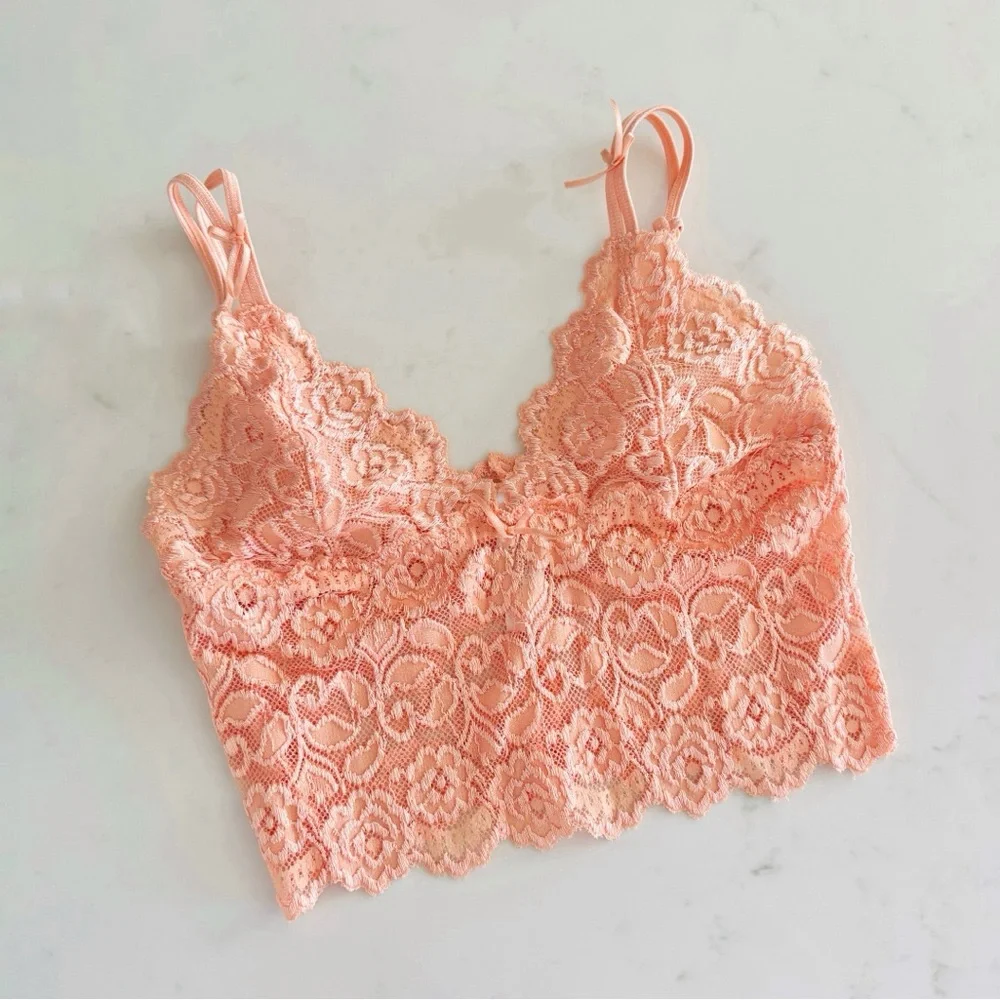 Cabernet Coral Pink Lace Bralette Top, Ribbon Bow & Adjustable Straps sz. S
